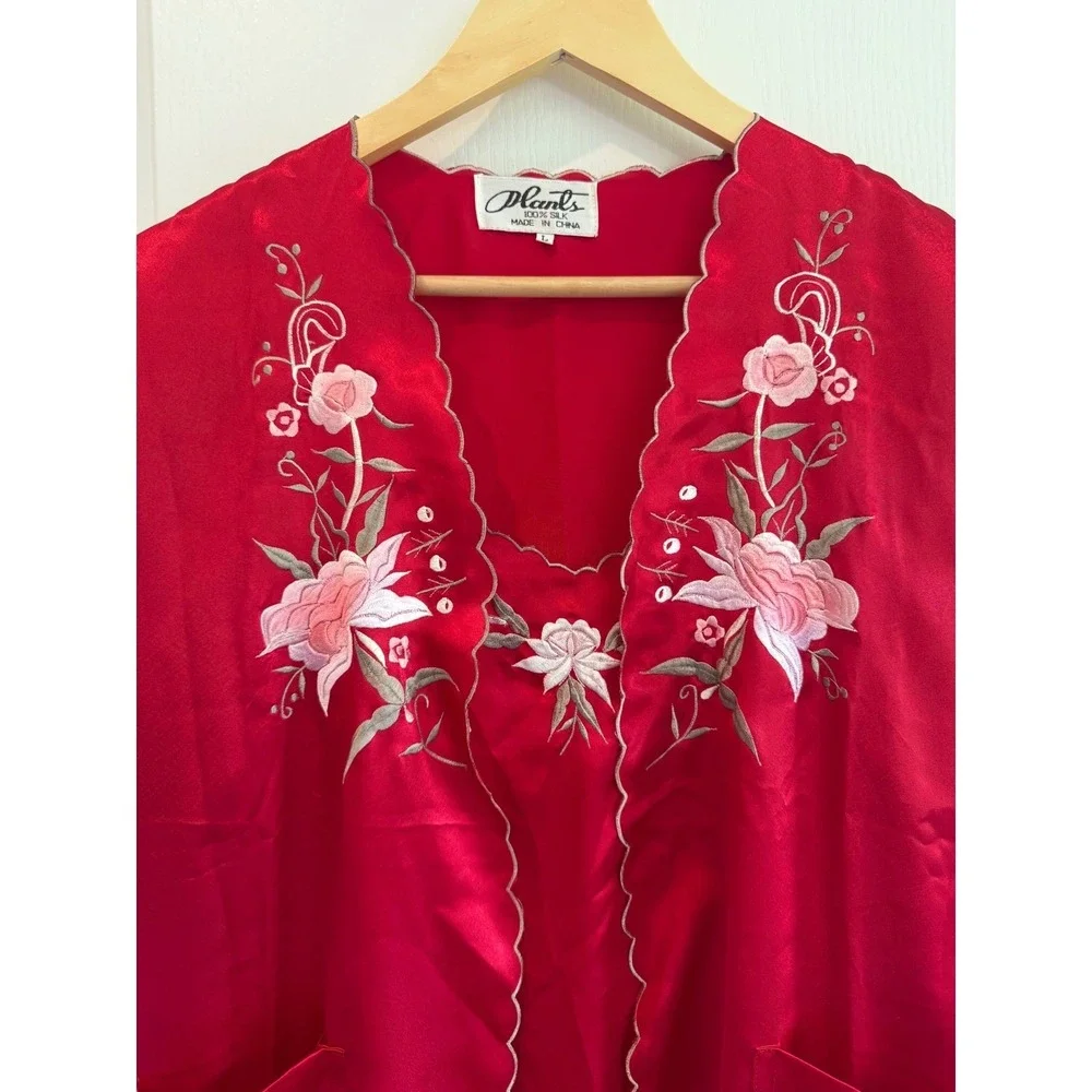Vintage 100% Silk Peignoir Set Robe Nightgown Embroidered Red Floral Large